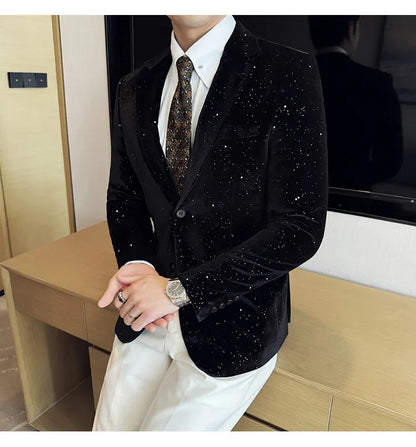 High Quality Velvet Bronzing Suit Coats Mens Sparkle Elegant Slim Business Suits Jacket Homme Formal Social Prom Party Tuxedos