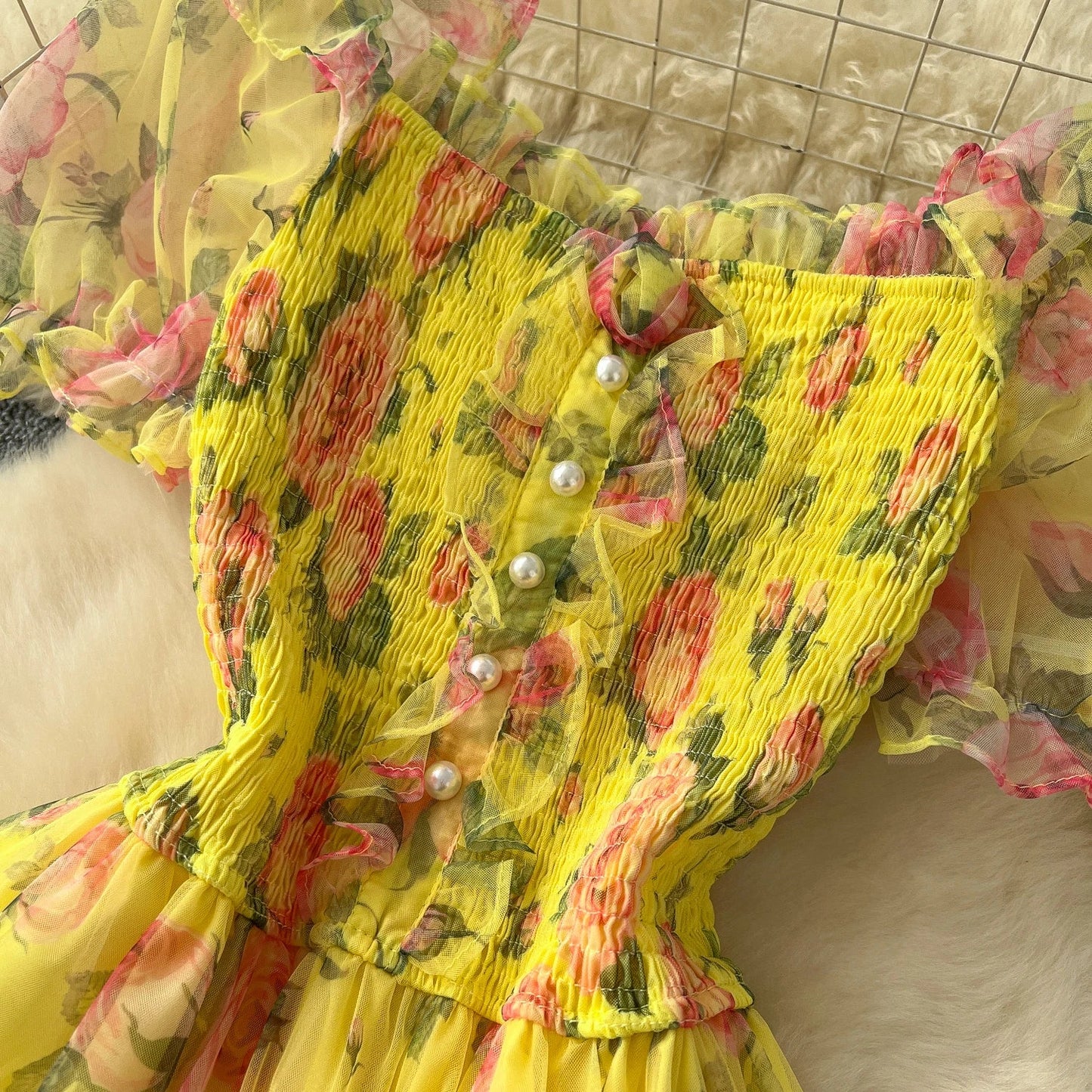 Retro Floral Chiffon Dr Women's Waist Cinched Bubble Sve Me Skirt Tea Break Gentle Soft Sle Korean High Waist A-Lin...