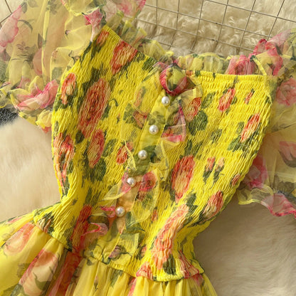 Retro Floral Chiffon Dr Women's Waist Cinched Bubble Sve Me Skirt Tea Break Gentle Soft Sle Korean High Waist A-Lin...