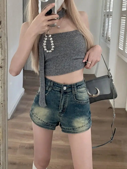 Retro Washed Denim Shorts for Women High Waist Slimming Hot Pants Mini Skirt Y2K Style Summer Fashion Small Stature Sexy Look