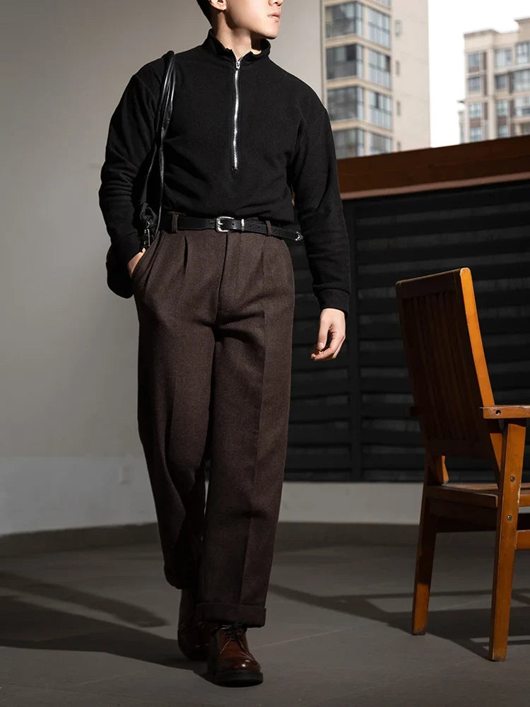 Textured Cross-Weave Wool Tweed Casual Pants Hollywood Waist Loose Straight-Leg Long Pants Vintage-Style Trousers Thick