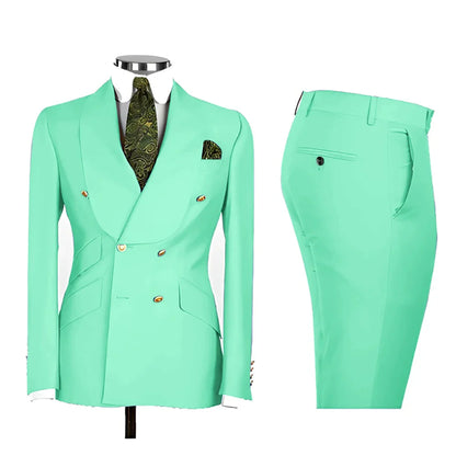 Lvory Shawl Lapel 2 Piece Suit Double Breasted Men's Jacket Pants with Gold Buttons Formal Wedding Groom Attire Prom Tuxedos