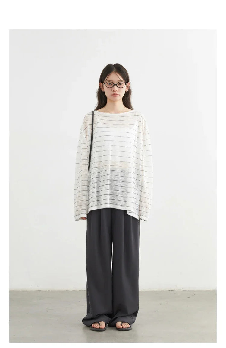 Korean Women T-Shirts Loose Casual New Striped Long Sleeve Sunscreen Shirt Designed Female Tees Summer 2025