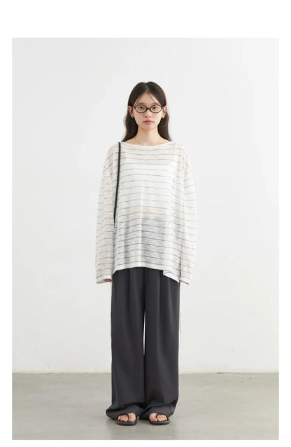 Korean Women T-Shirts Loose Casual New Striped Long Sleeve Sunscreen Shirt Designed Female Tees Summer 2025