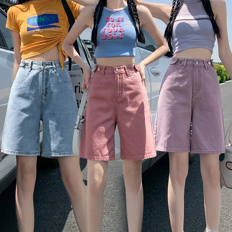 Summer New Korea Fashion Loose Women Jeans Shorts Purple Pink High Waist Straight Pockets Female Wide Short Pants
