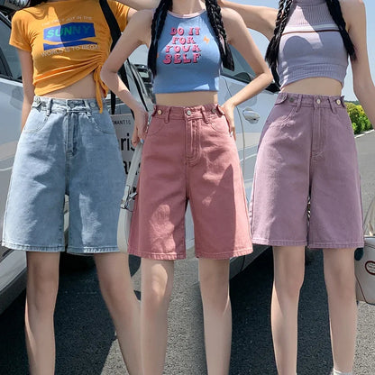 Summer New Korea Fashion Loose Women Jeans Shorts Purple Pink High Waist Straight Pockets Female Wide Short Pants