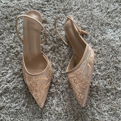 Mesh Embroidered Fashion Sandals Women String Bead High Heels Mules Shoes Pointed Toe Slingback Slippers Women Zapatos De Mujer