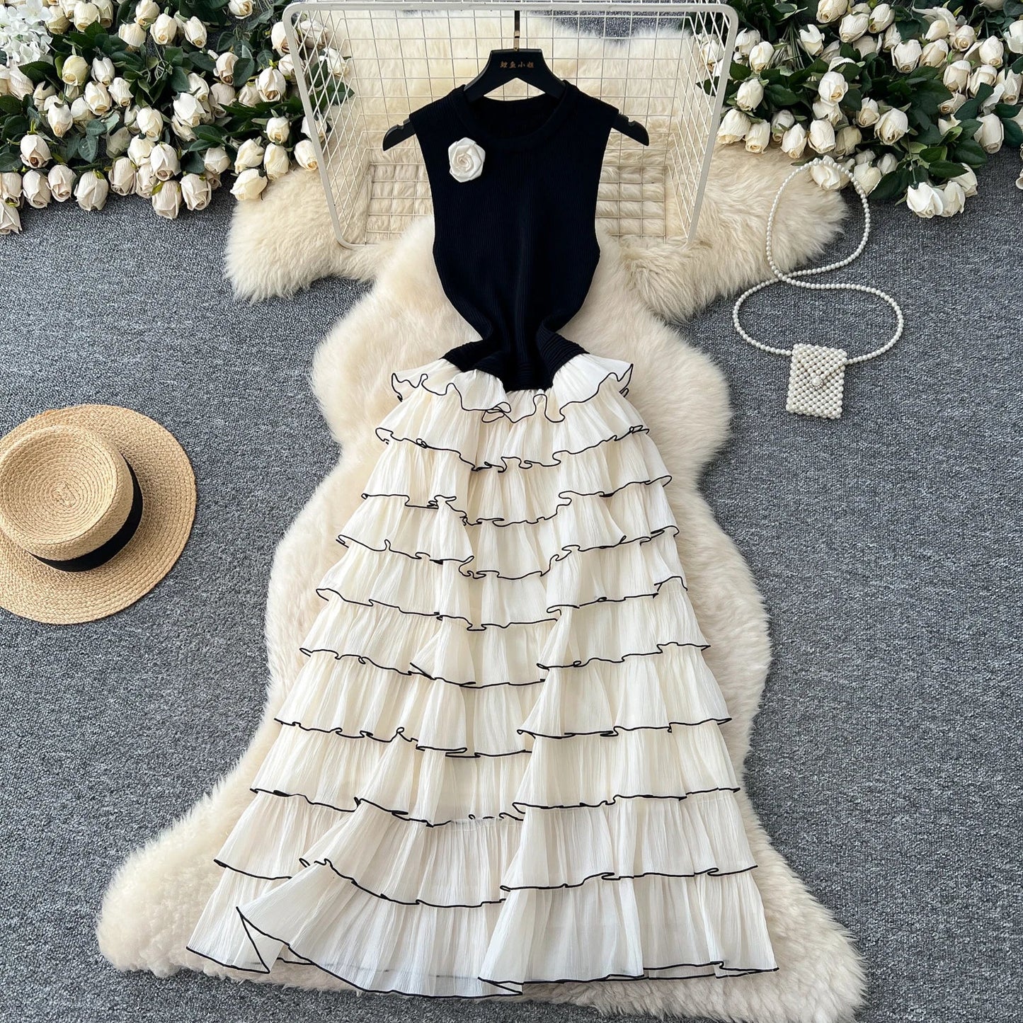 Autumn 3D Floral Spliced Long Dress 2025 Female O Neck Long Sleeves High Quality Slim Luxury Knitted Party Cake Dress