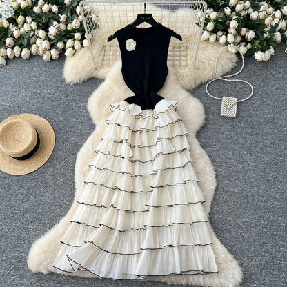 Autumn 3D Floral Spliced Long Dress 2025 Female O Neck Long Sleeves High Quality Slim Luxury Knitted Party Cake Dress