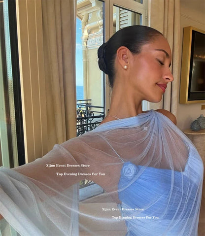 Elegant Blue Chiffon Evening Dresses Sweetheart Scarf A-Line Long Prom Dresses Pleated Sleeveless Prom Gowns 2025 Customiz