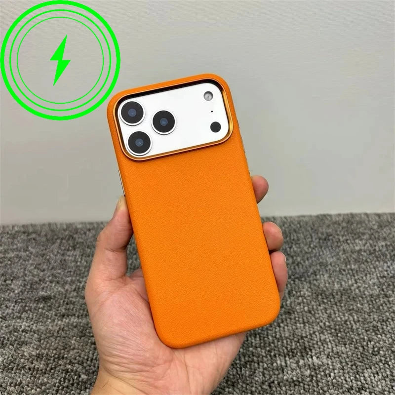 Luxury For MagSafe Wireless Charge PU Leather Phone Case For IPhone 17 Air Pro Max Magnetic Frosted Soft Silicone Protect Cover