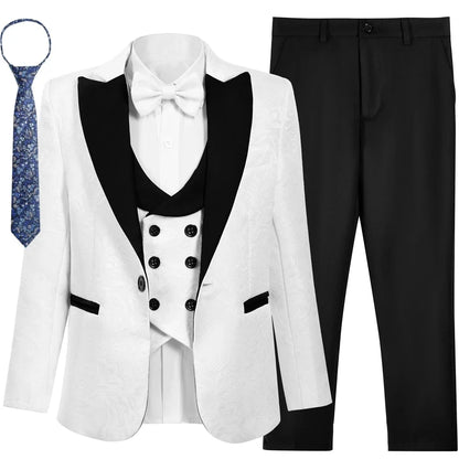 SHIP TODAY Boy's Jacquard Suit for Formal Occasion, Wedding Ring Bearer Suits, Luxury 5-Piece Set Jacket Vest Pants Bowtie & Tie