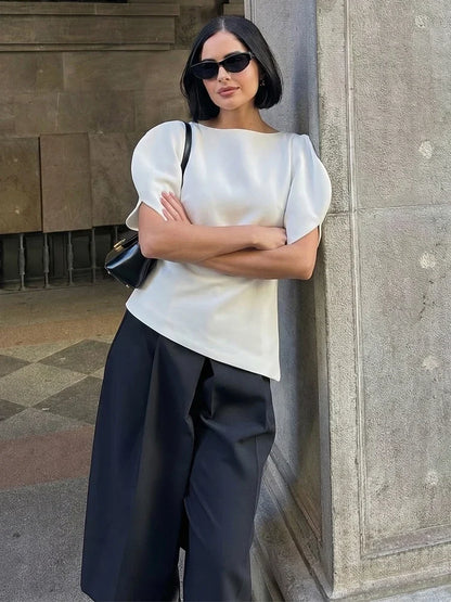 Spring Summer Women Casual Asymmetrical T-Shirts Fashion Solid Female O-Neck Short Puff Sleeve Blouse Lady Office Chic Tops