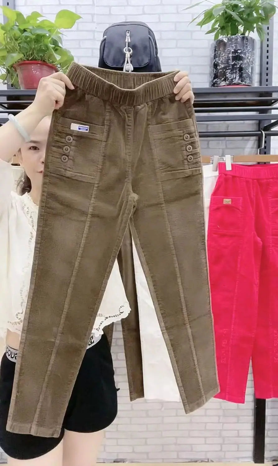 Elegant Women Streetwear Korean Fashion Casual Pant Solid Corduroy Harlan Button Pockets Pants New Autumn Winter Pants Plus Size