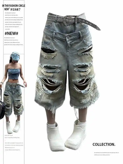 Women Y2k Ripped Jeans Harajuku Wasteland Style Baggy Denim Trouser Vintage Boyfriend Oversize Jean Pants Japanese 2000s Clothes