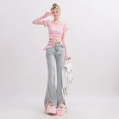 Harajuku Streetwear Retro Fashion Women High Waist Jeans Horn Fork Design Wide Leg Straight Loose Denim Trousers Y2K Baggy Pants
