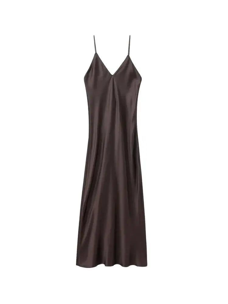 Women's Satin Midi Dress, V Neck, Thin Straps, Backless, Female Dresses, Sexy Fashion