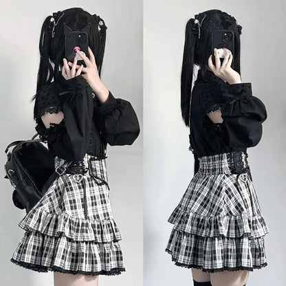 Japanese Harajuku Mini Skirt Punk College Style Plaid Cake Subculture Y2k Skirt Girl Summer High Waist Sweet Mini Skirt