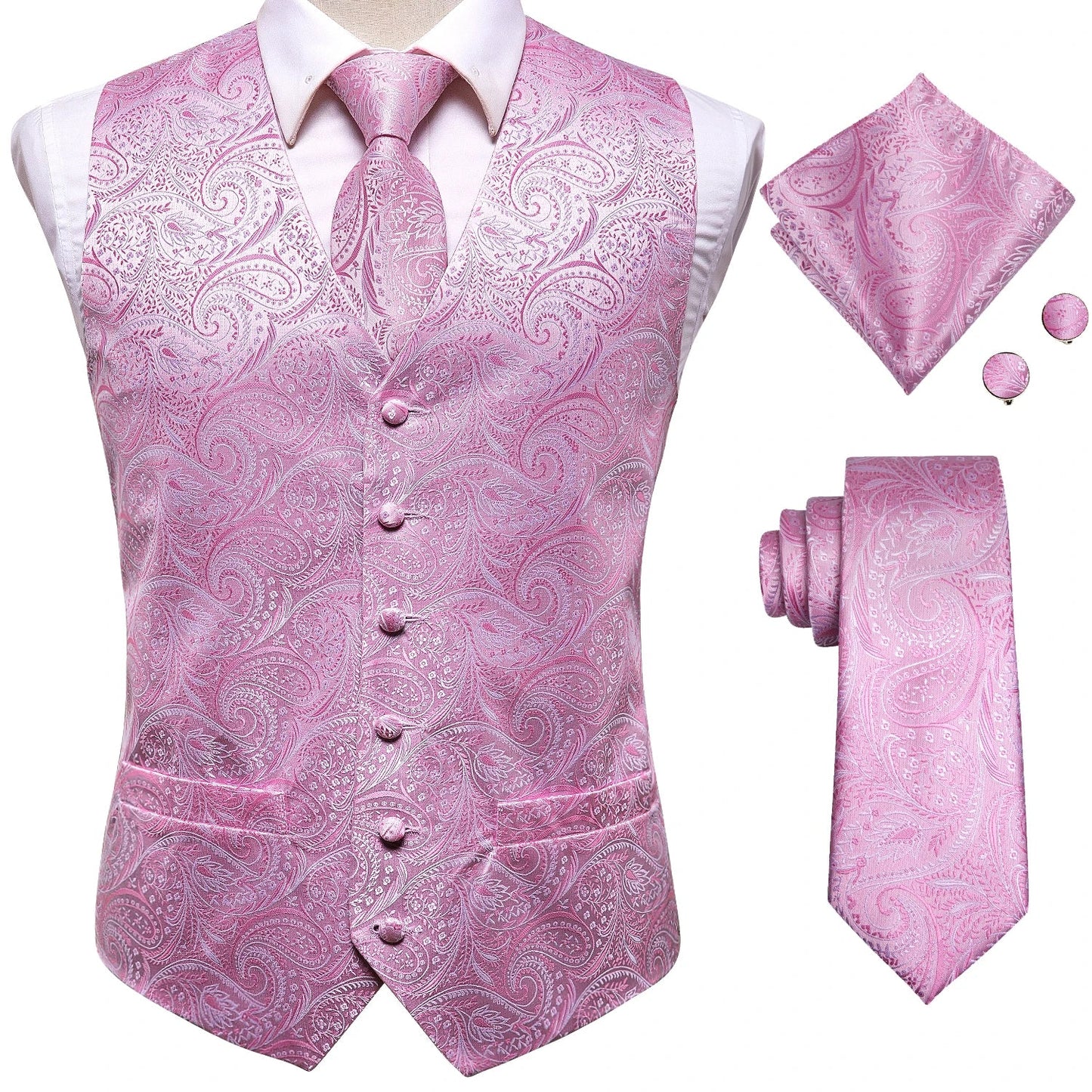 Wedding Coral Pink Mens Vest Silk Tie Set Adjustable Jacquard Waistcoat Jacket Necktie Hanky Cufflinks Formal Party Gifts