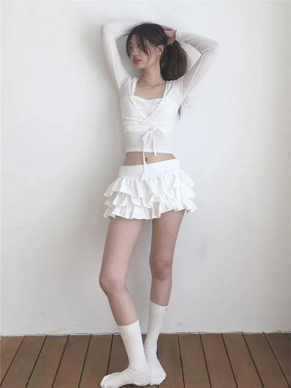 Y2k Lolita Mini Cake Skirt Soft Girl low Waist Ruffle Fluffy Fairy Skirts Summer Kawaii Cute Elegant Short Skirt Black