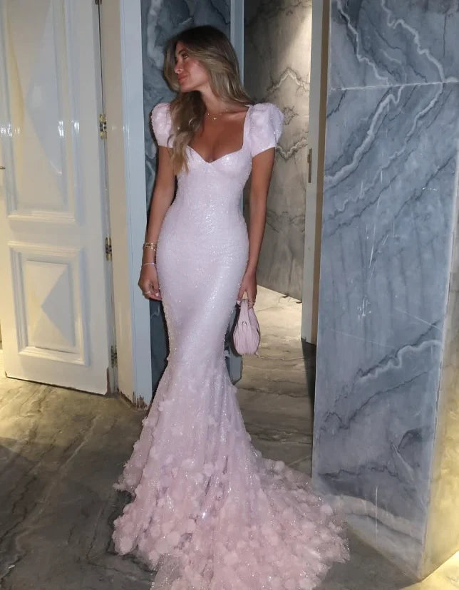 Customized High Quality V-neck Floor Lenth Pink Appliques Short Sleeves Backless Mermaid  فساتين نسائيه ماركة Vestidos De Gala