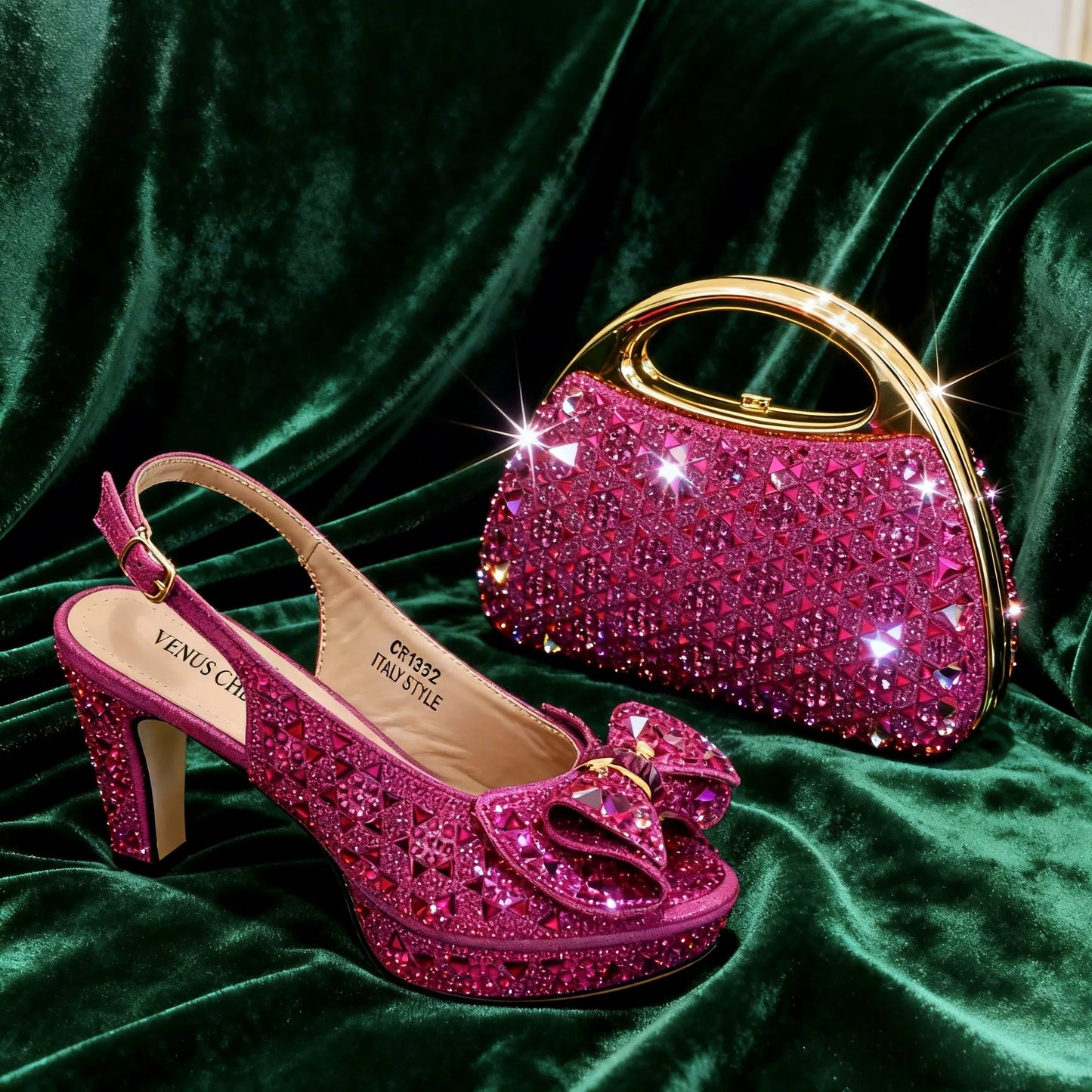 Elegant Italian Women's Party Shoe and Bag Set – Chic Champagne Rhinestone Peep-Toe High Heel Sandals Perfect for Weddings