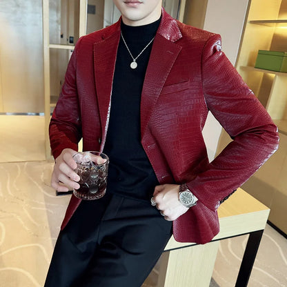 New High Quality Crocodile Stripe Slim Fit Leather Jacket Classic Business Casual Slim Fit Men Blazer Tuxedos Men Clothing 4XL-M