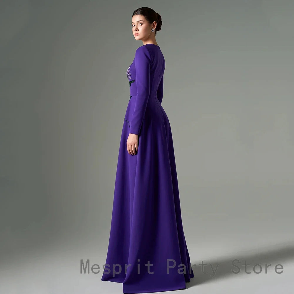 Luxury Purple Evening Dress For Women A Line Prom Dress Floor Length Formal Party Gown Long Sleeves Beaidng Saudi Arabia Dress