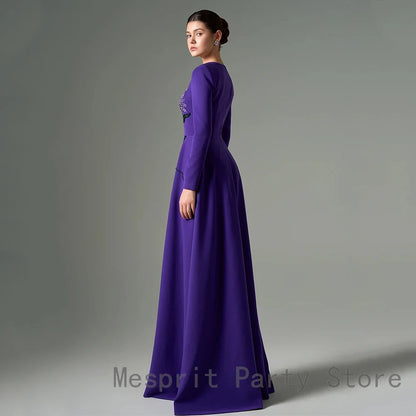 Luxury Purple Evening Dress For Women A Line Prom Dress Floor Length Formal Party Gown Long Sleeves Beaidng Saudi Arabia Dress