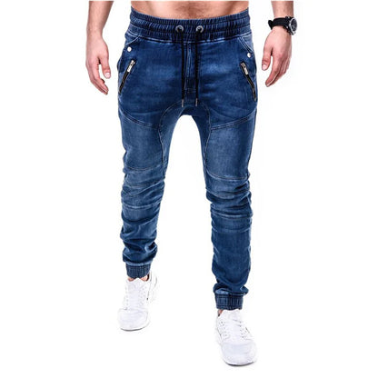 Men Jeans Pencil Pants Elastic Waist Drawstring Lace Up Pockets Washed Distressed Ankle Length Trousers 2025 Streetwear Denims