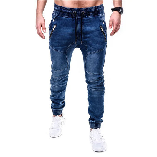 Men Jeans Pencil Pants Elastic Waist Drawstring Lace Up Pockets Washed Distressed Ankle Length Trousers 2025 Streetwear Denims