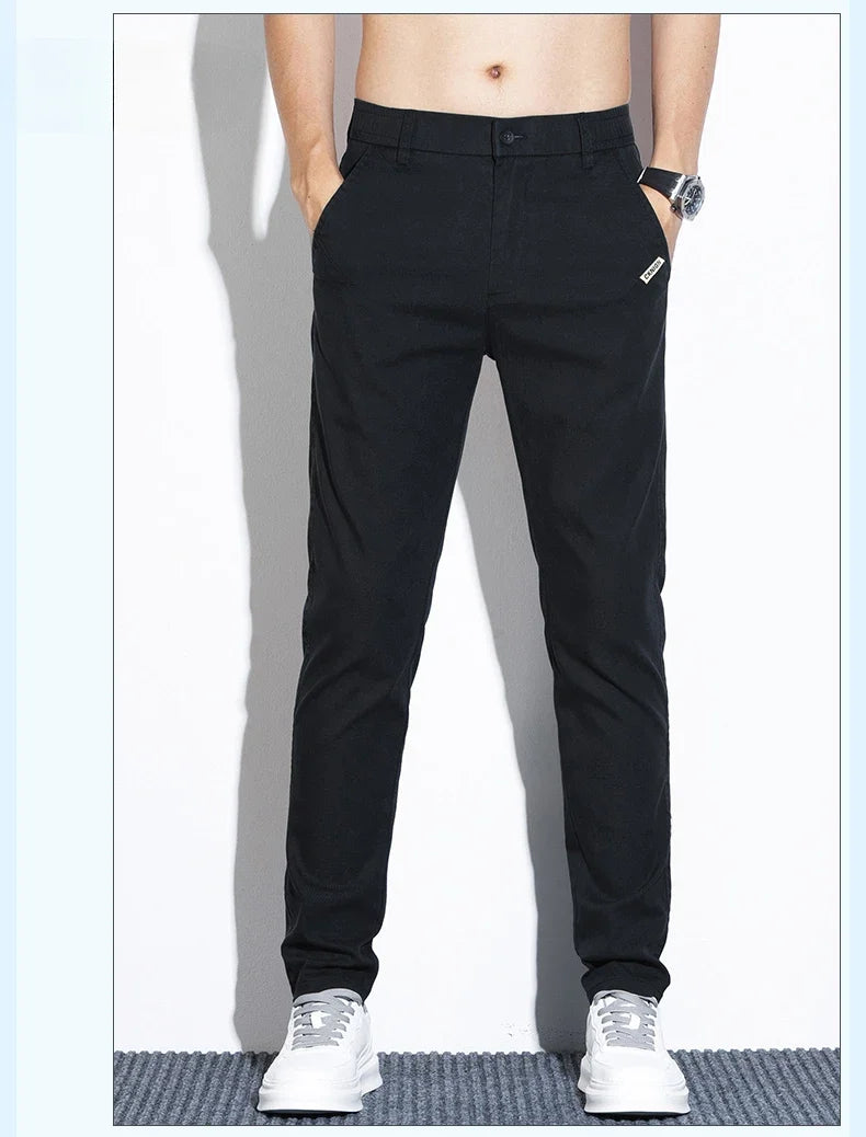 Thin Men's Pants Spring Summer Straight Casual Pants Lyocell Fabric Fashion Slim Stretch Korean Trousers Solid Color 2025 New