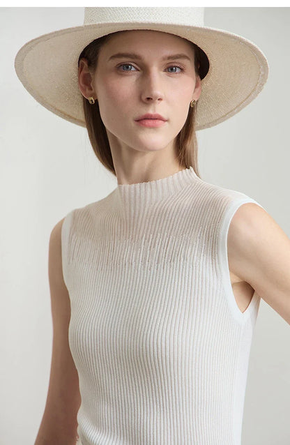 Women Top Minimalist Summer New Solid Color Mock Neck Sleeveless Slim Elastic Double Curved Yarn Knitted Camisole 12542249