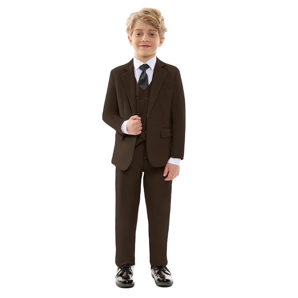 Classic Brown Flower Boy Blue Wedding Outfit Set Kids' Formal Piano Host Piano Performance Blazer Suit Baby's Birthday Ceremony