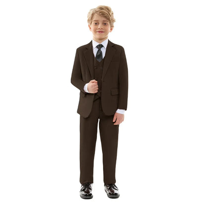 Classic Brown Flower Boy Blue Wedding Outfit Set Kids' Formal Piano Host Piano Performance Blazer Suit Baby's Birthday Ceremony