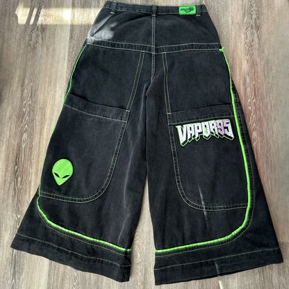 2025 European and American autumn winter jeans casual wide-leg Harajuku alien pattern trousers hip-hop high street gothic jeans