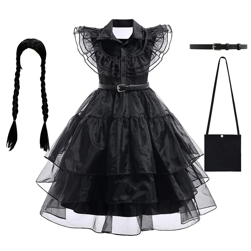 Wednesday Cosplay For Girls Costume Movie Addams Dresses for Girl Kids Mesh Party Dresses Halloween Carnival Costumes 4-12Yrs
