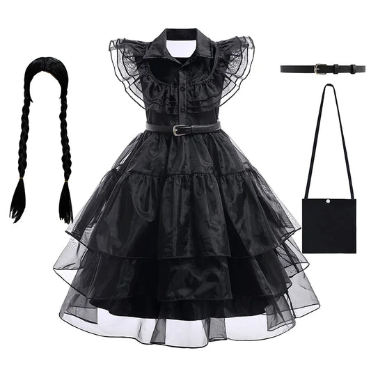 Wednesday Cosplay For Girls Costume Movie Addams Dresses for Girl Kids Mesh Party Dresses Halloween Carnival Costumes 4-12Yrs