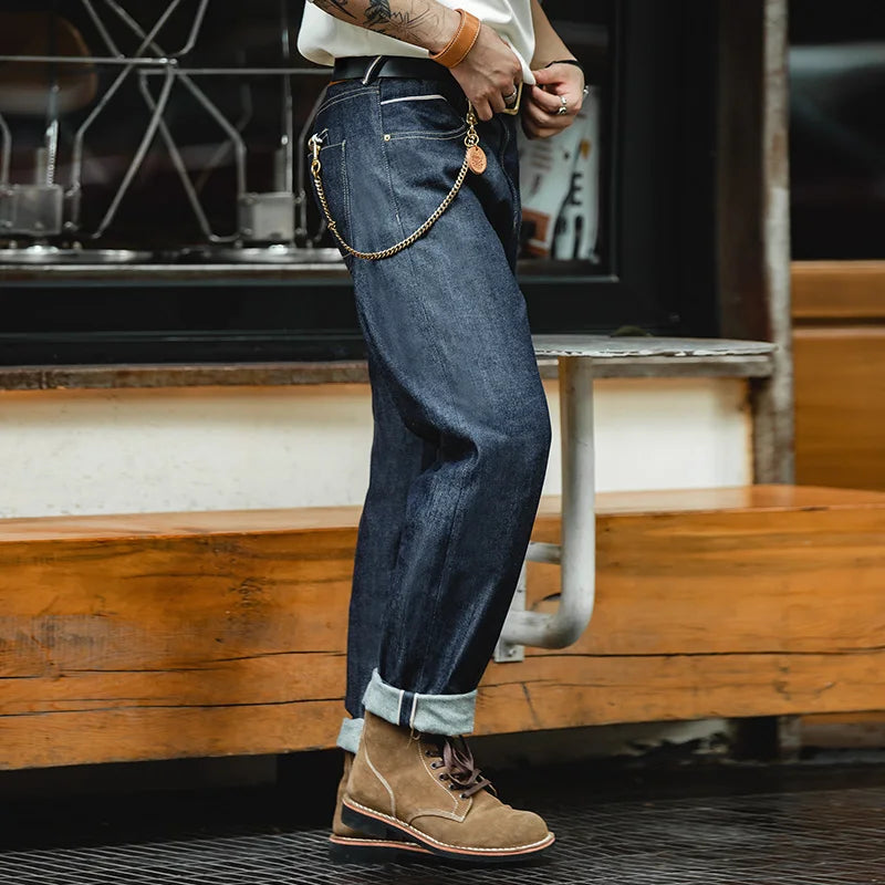 Vintage 13.5oz Heavyweight Selvedge Raw Denim Jeans Men's Straight Fit Cotton Jeans Casual Pocket Trousers Fall Winter