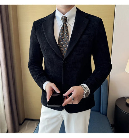 Autumn Winter Fashion Seaweed Pattern Suit Jacket High Quality Luxury Slim Fit Casual Men's Blazers Coats Social Prom Tuxedo