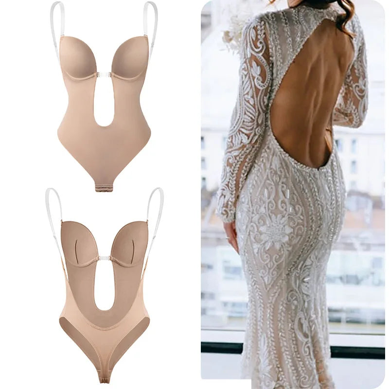 One-Piece Deep V-Neck Push Up Body Shapewear Bodysuit Women's Thong Bottom Underwear Slimming U-Shaped Low Back Backless Corset