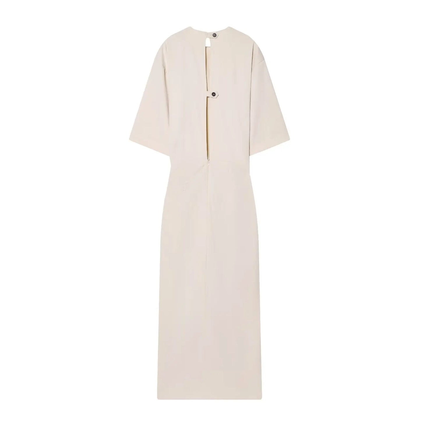 Women New Fashion Round Neck Pleated Short Sleeve Waist Dress Women Casual Sexy Side Zipper Button Solid Midi Summer Dress