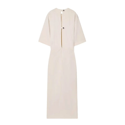 Women New Fashion Round Neck Pleated Short Sleeve Waist Dress Women Casual Sexy Side Zipper Button Solid Midi Summer Dress