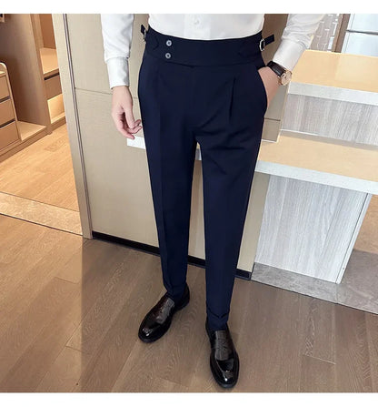 Autumn Winter High Waist Business Dress Pants Men Casual Belt Design Slim Suit Pants Formal Wedding Social Party Male Trousers