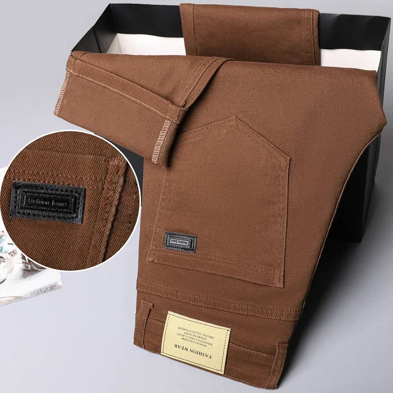 Spring Autumn Fashion Brown Business Casual Stretch Denim Pants Male Brand Trousers Men's Clothing Slim Jeans Plus Size 28-44