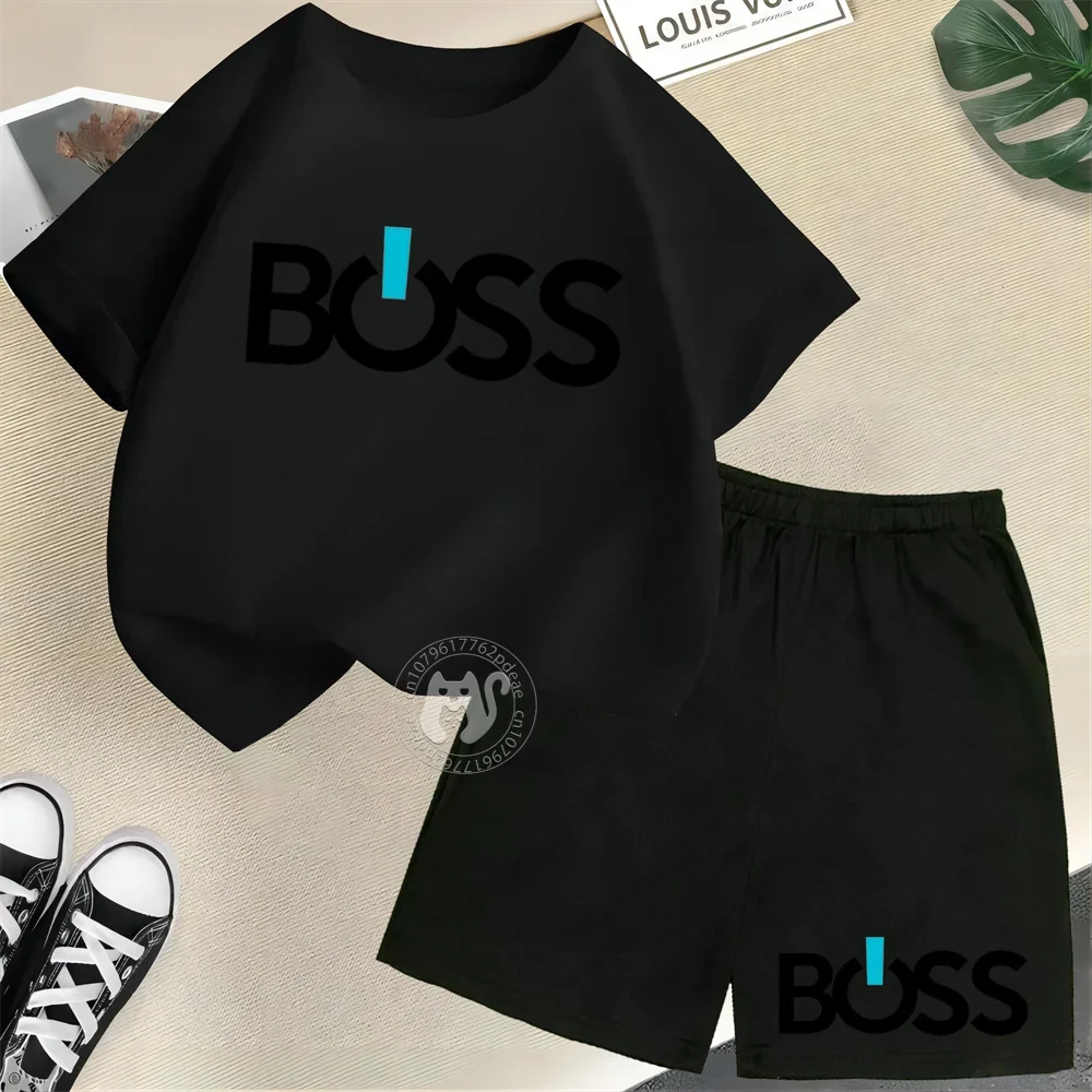 Simple letter BOSS Print Teen boys Girls street casual suit top Kids Summer  Short sleeve T-shirt + Shorts