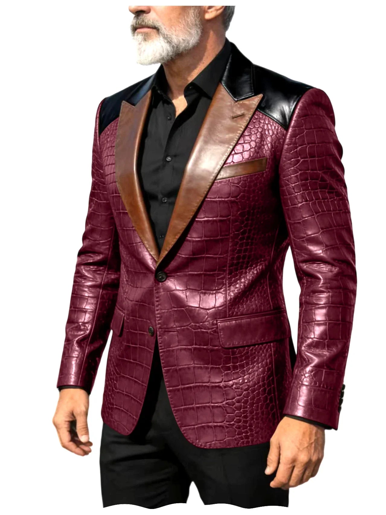 Men's Crocodile Embossed Leather Blazer Luxury Patchwork PU Leather Suit Jacket Slim Fit Peaked Lapel Casual Business Outerwear