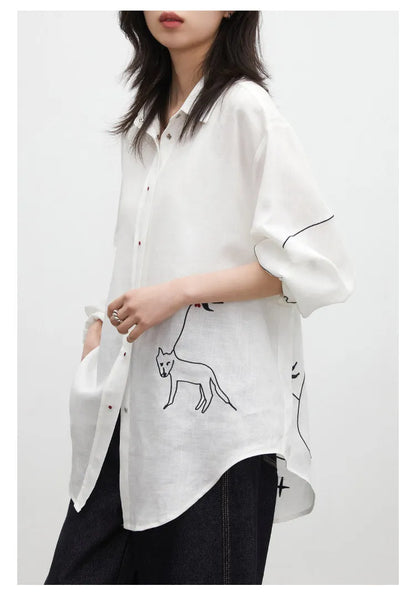 Fashion Women Shirt White Single-breasted Loose Casual Long Sleeve Pony Embroidered Female Blouses Spring Summer 2026