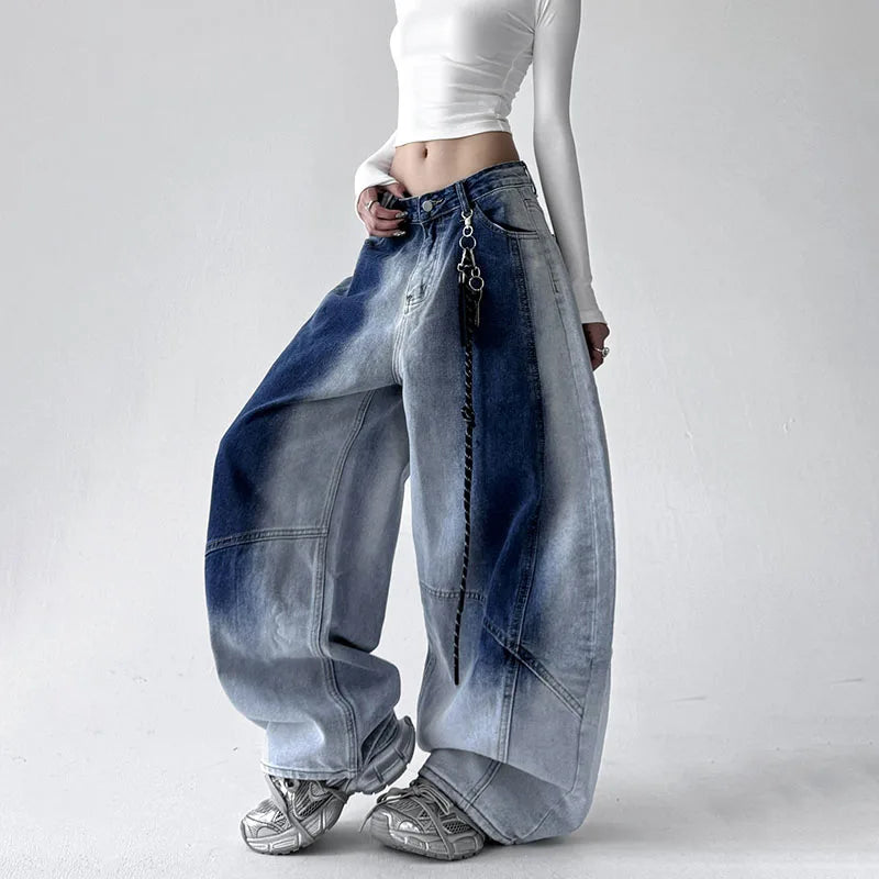 Korean Retro Gradient Jeans For Women Straight Leg Pants Wide Leg Casual Pants Blue Jeans Y2k Pants Baggy Without Pendant