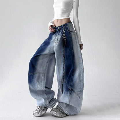 Korean Retro Gradient Jeans For Women Straight Leg Pants Wide Leg Casual Pants Blue Jeans Y2k Pants Baggy Without Pendant